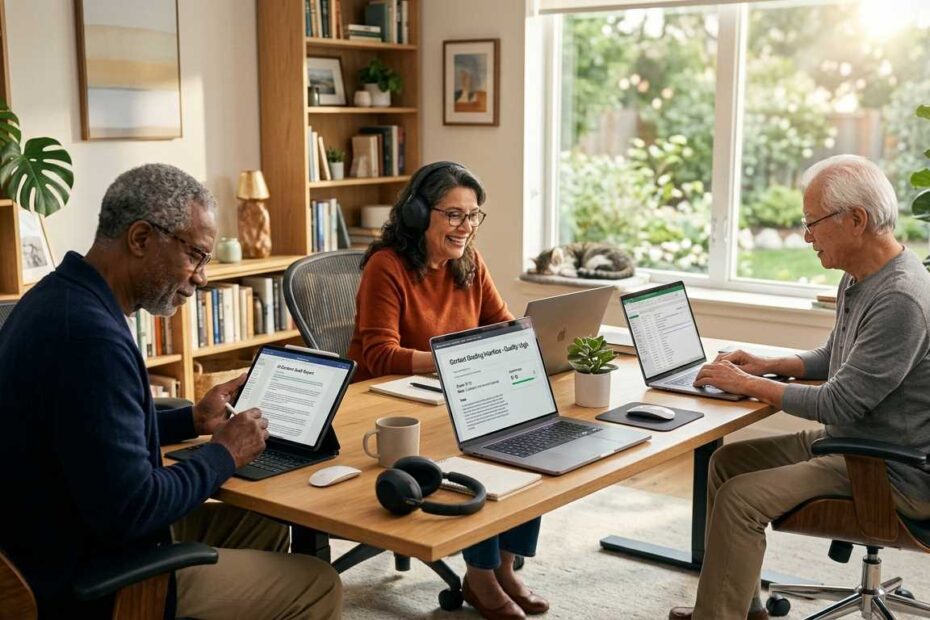 A diverse group of active seniors over 70 working on laptops and tablets in a bright, modern home office.