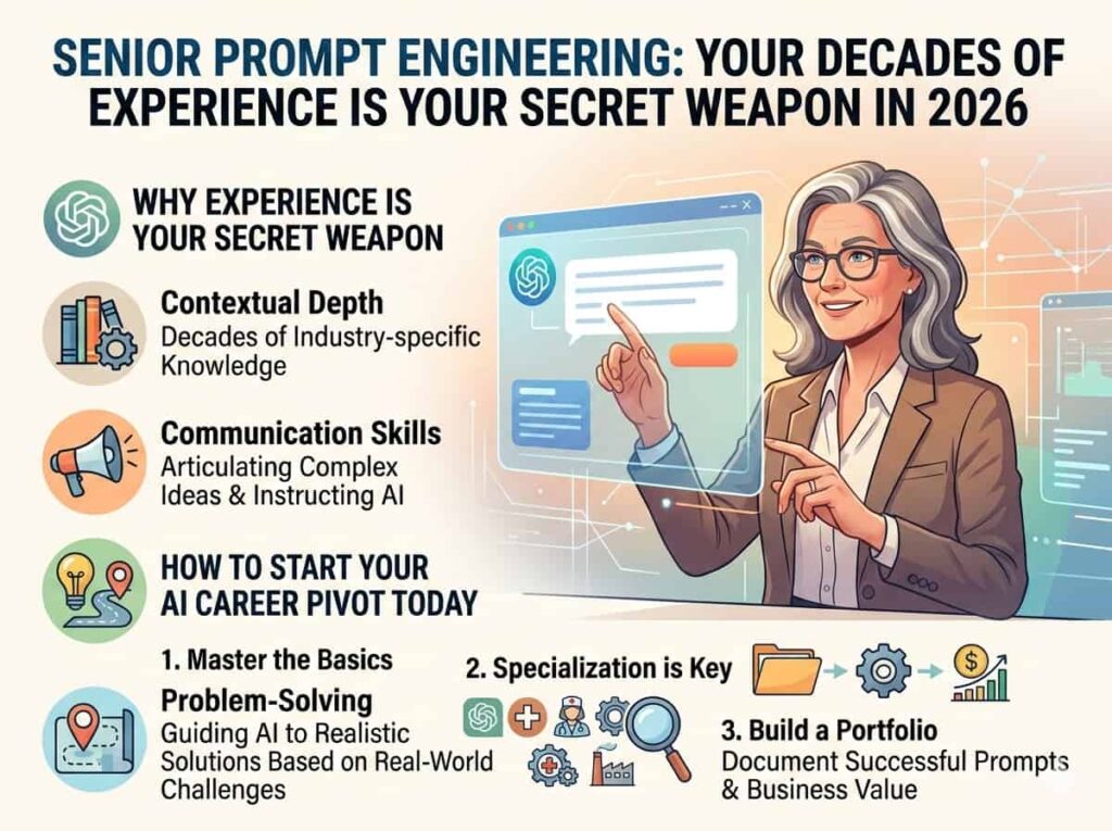 Professional woman over 50 using AI tools, representing Senior Prompt Engineering in 2026