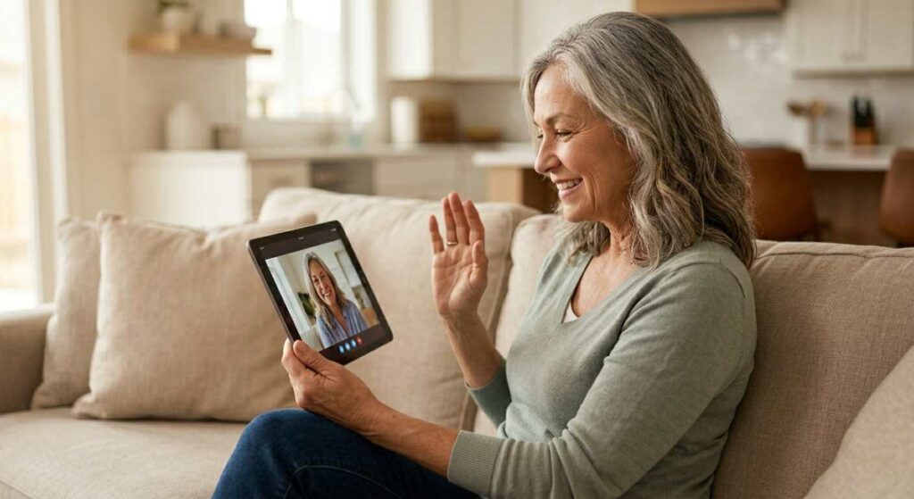 A senior couple confidently using video conferencing (Zoom) on a tablet from their living room.