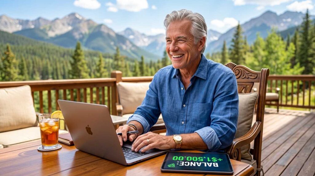 A happy senior American man working as a virtual assistant on a porch with a mountain view.