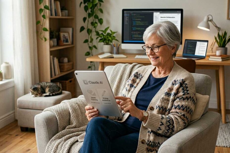 A senior woman sitting in a sunlit living room using Claude AI on a tablet for writing assistance and health tracking.