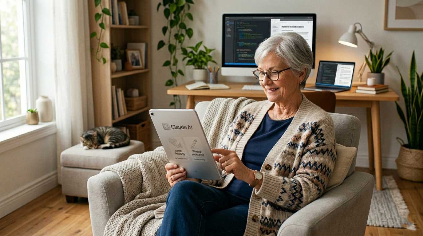 A senior woman sitting in a sunlit living room using Claude AI for seniors on a tablet for writing assistance and health tracking.