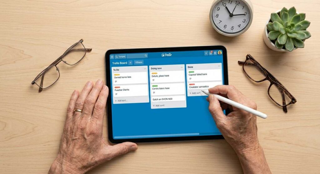 A senior hand using a tablet to manage a clean Trello project board, highlighting simple digital tools.
