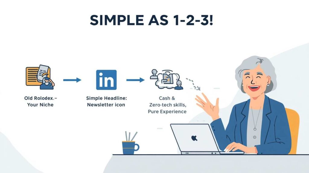 Simplified flow of a senior professional using experience to get LinkedIn consulting clients.