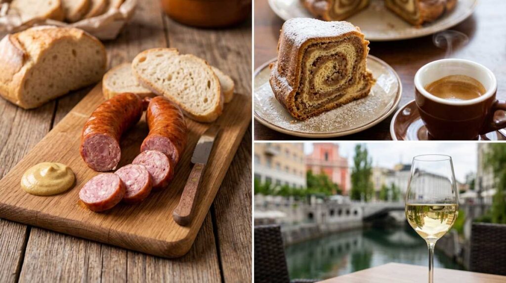 A collage of Slovenian specialties for the ultimate Ljubljana travel guide for seniors.