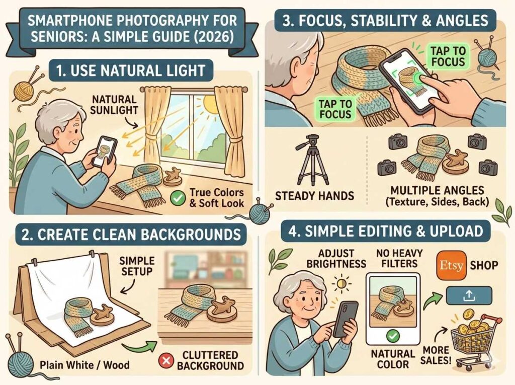 Infographic showing smartphone photography for seniors to improve Etsy craft sales.
