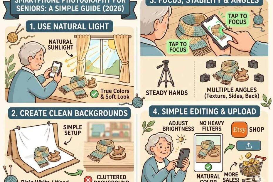 Infographic showing smartphone photography for seniors to improve Etsy craft sales.