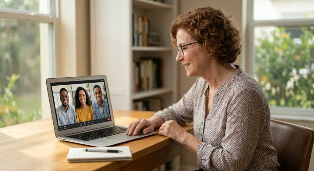 An experienced former office manager, Barbara (63), happily conducting a virtual team meeting via Zoom.