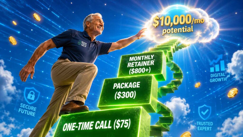 An energetic senior man on a ladder made of glowing blocks, reaching for a money cloud, representing consulting income growth.