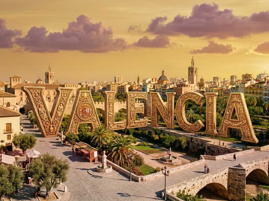 Panoramic view of the historic city skyline with a Spanish flag overlay.