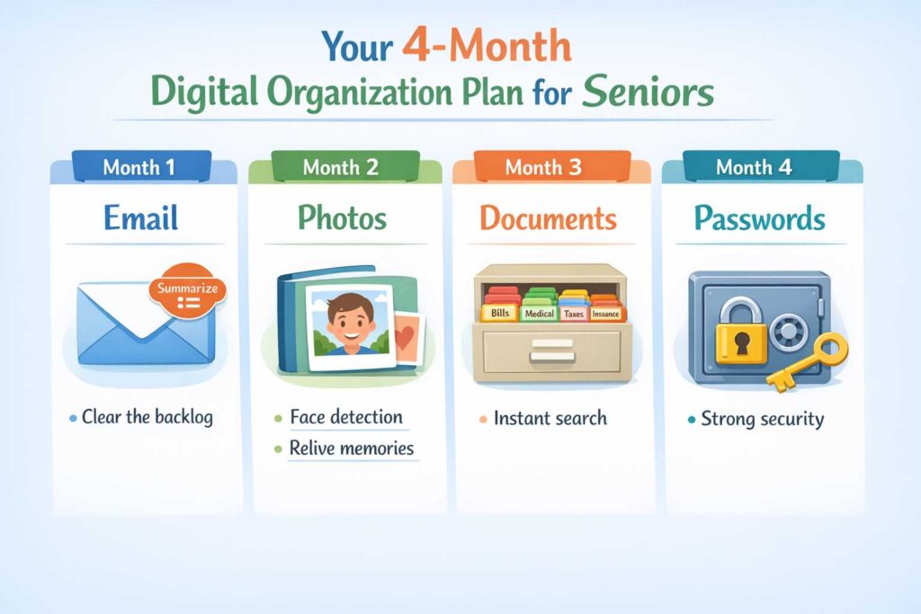 Infographic showing a 4-month plan for using ai to organize digital life for seniors.
