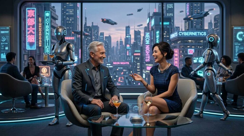 A sophisticated senior man with silver hair in a futuristic suit having a friendly conversation with a stylish woman in a high-tech cyberpunk lounge, featuring AI robot servers and a neon-lit city background.AI to work from home for seniors