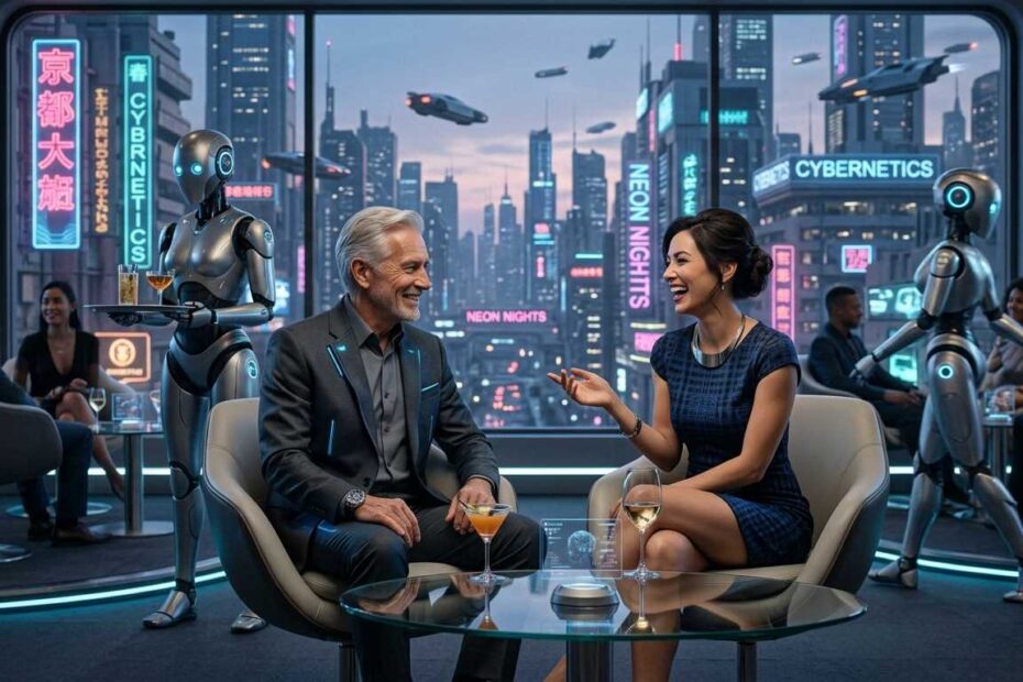 A sophisticated senior man with silver hair in a futuristic suit having a friendly conversation with a stylish woman in a high-tech cyberpunk lounge, featuring AI robot servers and a neon-lit city background.AI to work from home for seniors
