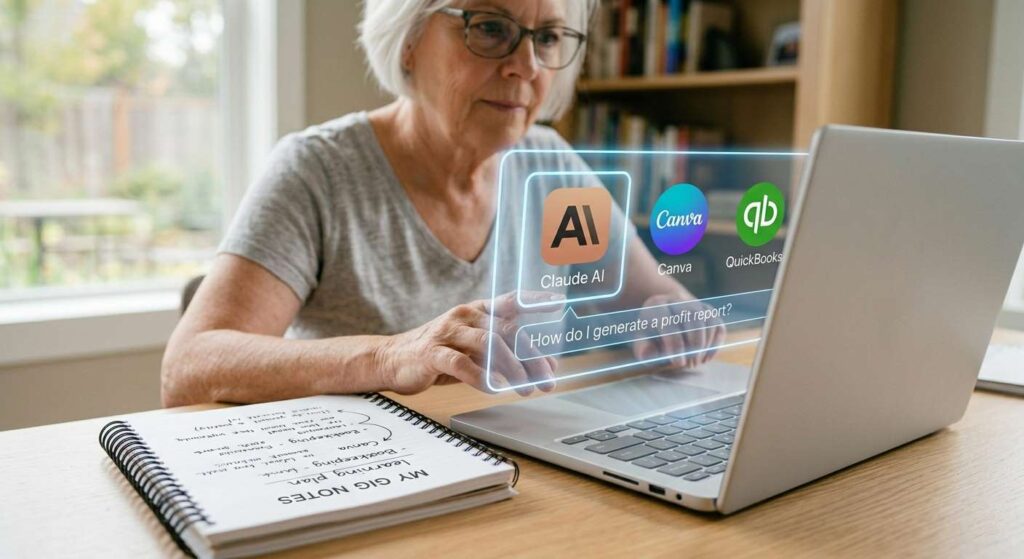 Close-up of senior hands with glasses, using a laptop showing Claude AI and a notebook labeled 'MY GIG NOTES'.
