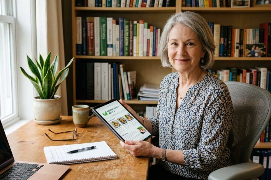 A smiling senior woman sharing dietary expertise on her website, representing affiliate marketing for seniors.