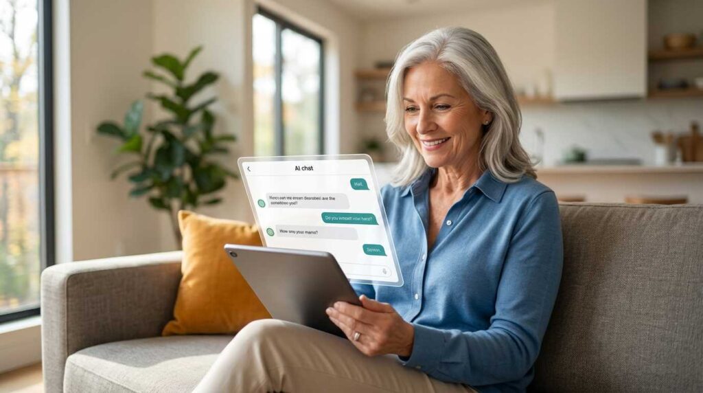 Senior woman confidently using a tablet to explore an AI for seniors beginners guide.
