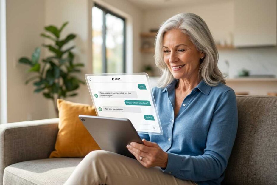 Senior woman confidently using a tablet to explore an AI for seniors beginners guide.
