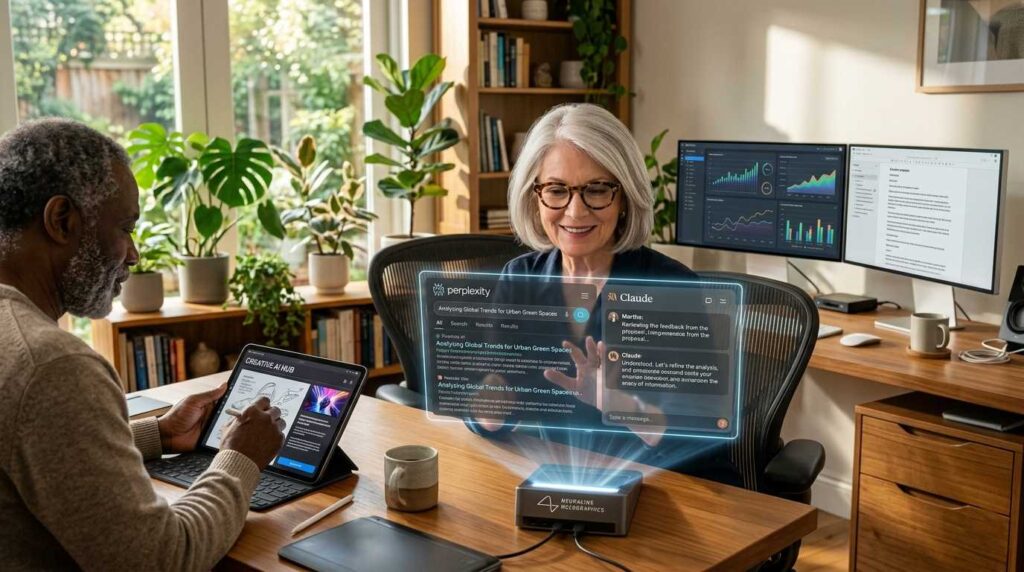 A diverse group of tech-savvy seniors using advanced AI tools and holographic interfaces to work from home.