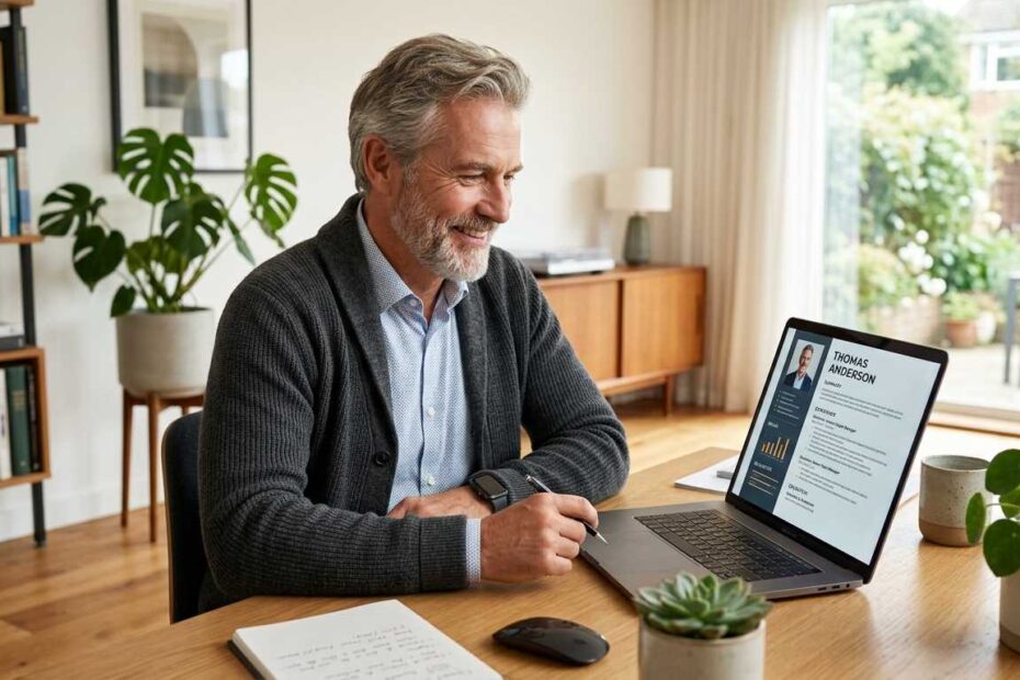 A confident 60-year-old American professional using AI software to update his resume in a bright home office.