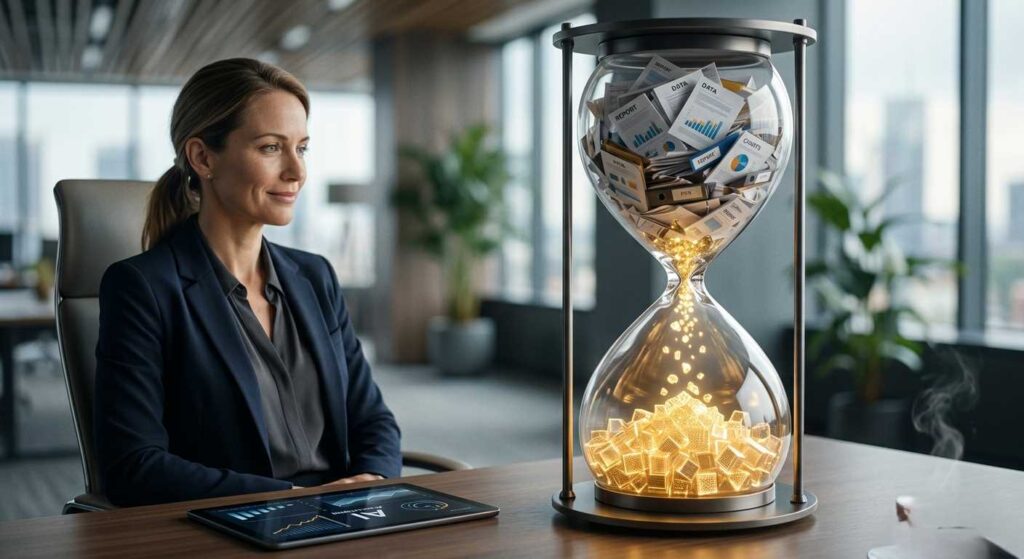 Modern hourglass showing AI tools for senior consultants transforming complex paperwork into golden data crystals.