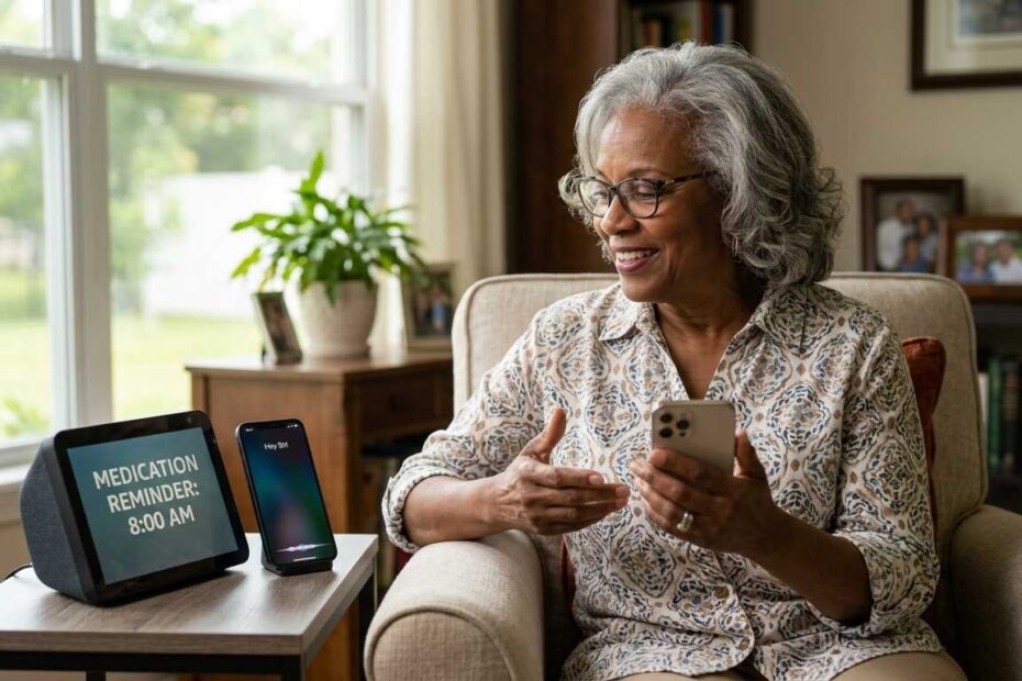 A happy senior woman in a sunlit home successfully using Siri on her iPhone and an Amazon Echo Show 8 simultaneously for reminders.