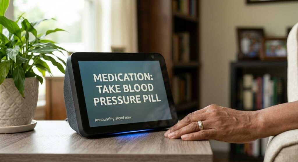 Close-up of an Amazon Echo Show 8 screen displaying a prominent 'MEDICATION: TAKE BLOOD PRESSURE PILL' reminder, with a senior user's hand nearby.