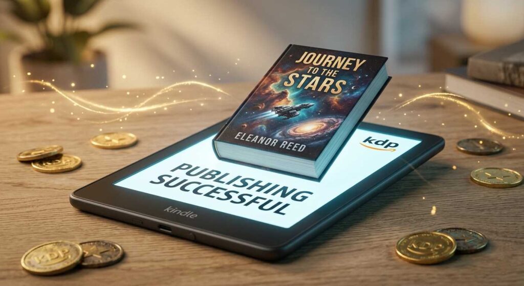 A modern e-ink tablet showing a 3D book cover and Amazon KDP logo, illustrating Amazon KDP for seniors and modern retirement income.