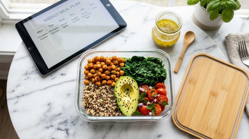 Organized meal prep components for an anti-inflammatory diet pattern