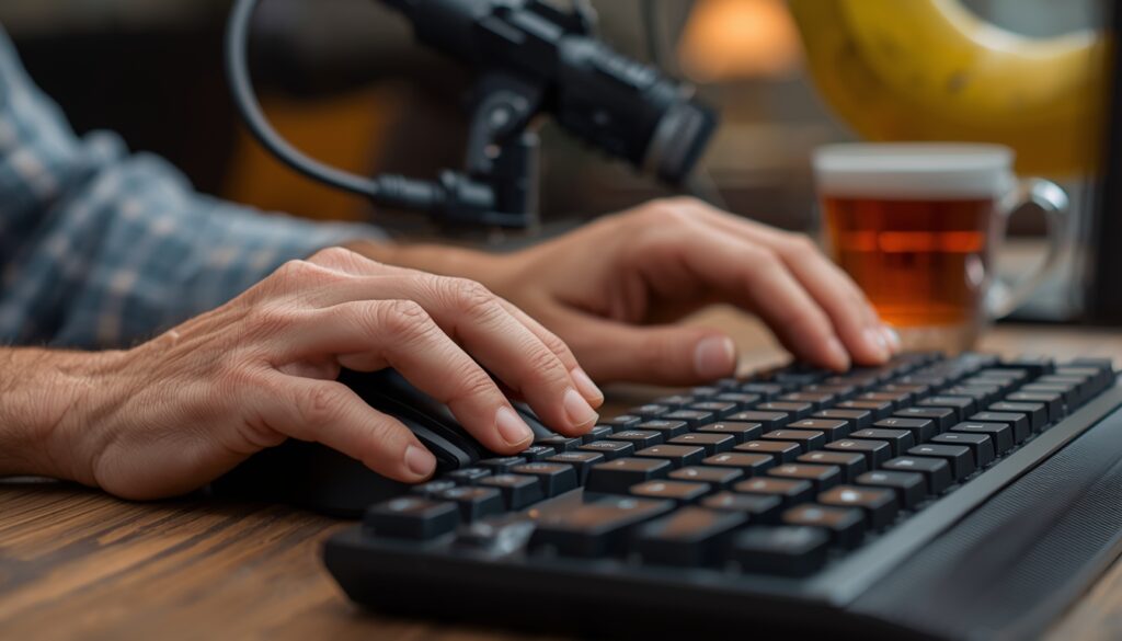 Close-up of ergonomic tech tools including a vertical mouse and large-print keyboard for seniors.