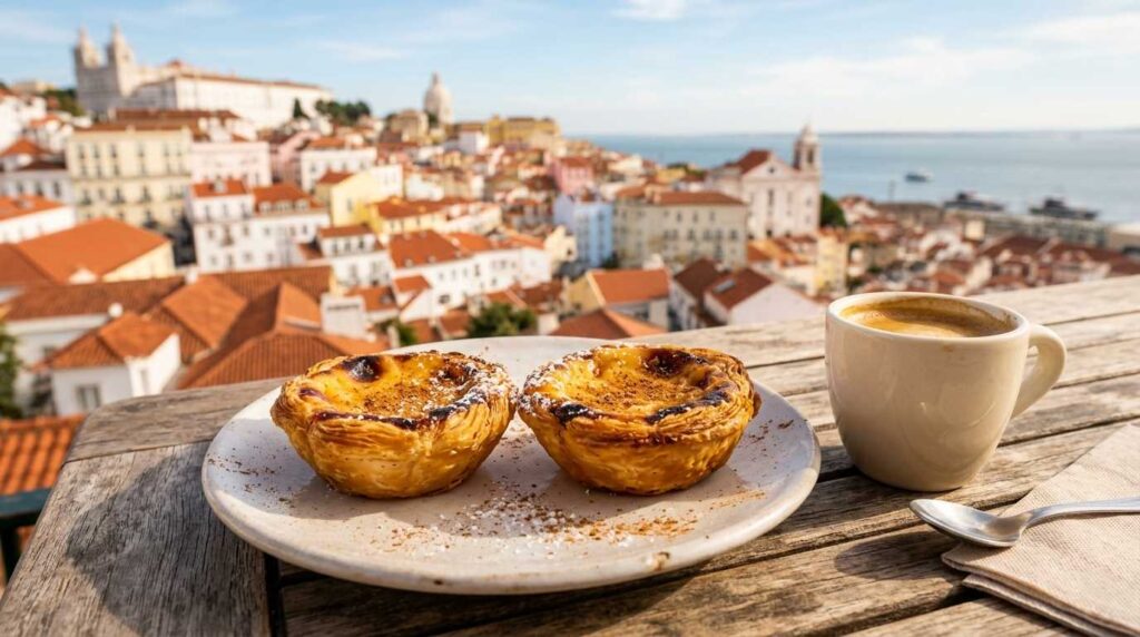Fresh Pastéis de Nata custard tarts at a local cafe, a top activity for seniors in Lisbon.