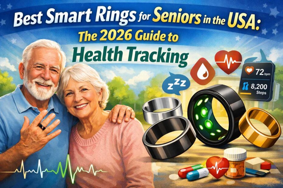A senior couple showing their smart rings for health tracking, featuring the text Best Smart Rings for Seniors in the USA: The 2026 Guide.