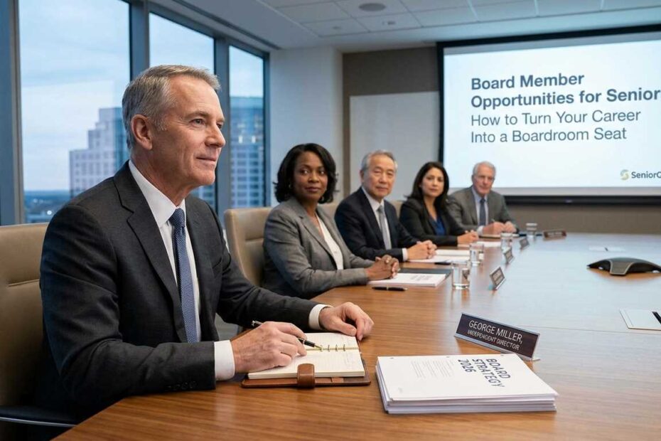 A senior professional sitting at a boardroom table during a strategic meeting, representing board member opportunities for seniors.