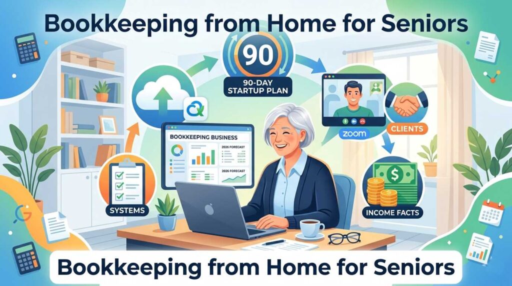 A senior woman working on bookkeeping from home using a laptop and 90-day startup plan icons.