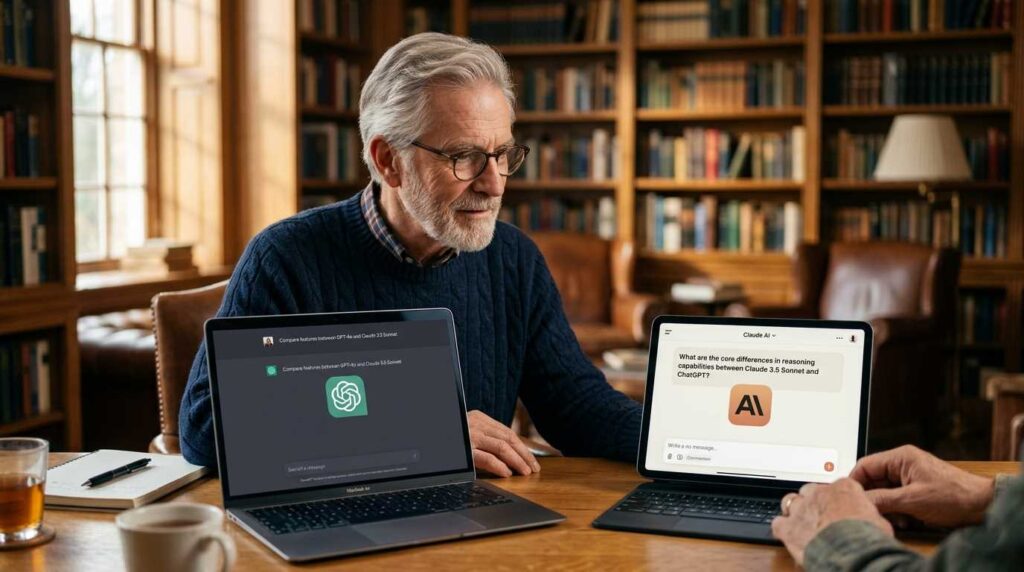 A detailed photo of a wise senior man in a library, comparing ChatGPT vs Claude for seniors on his laptop and tablet screens.