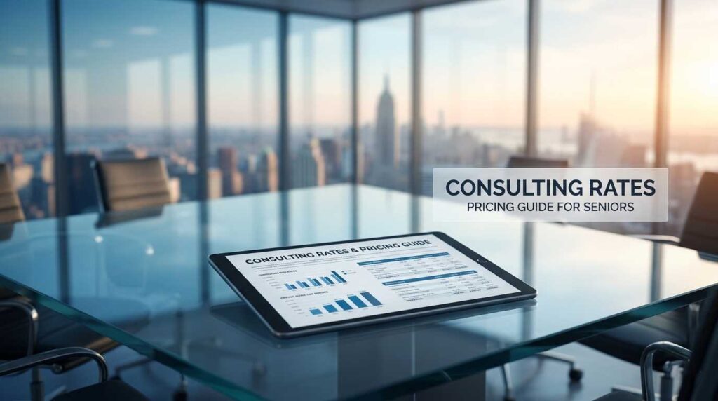 A professional consulting rates and pricing guide displayed on a tablet in a modern office boardroom for senior professionals.
