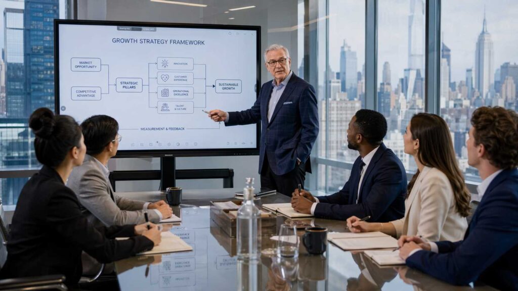 A senior mentor leading a group strategy session for a corporate mentorship program for seniors.