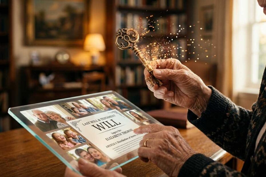 An experienced senior professional organizing digital estate planning for seniors using a modern tablet.