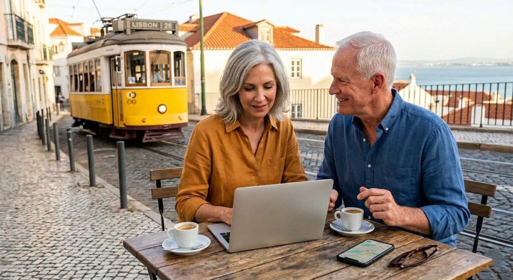 A senior American couple working remotely at a cafe in Lisbon.