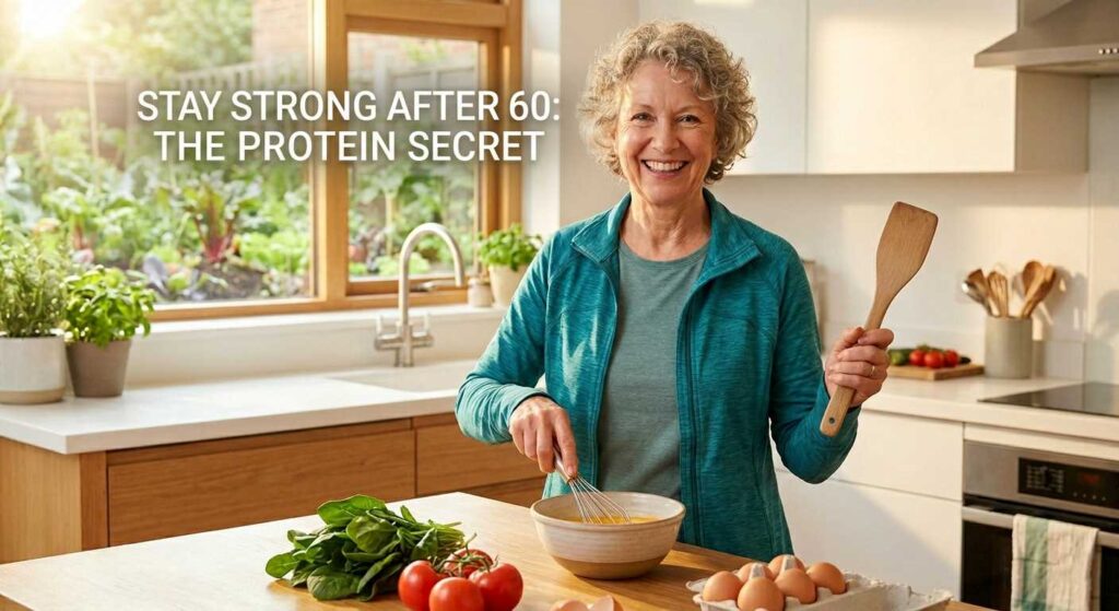 An energetic senior woman with short grey hair smiling while whisking a high protein breakfast for seniors in a sunlit kitchen, gardening in the background.