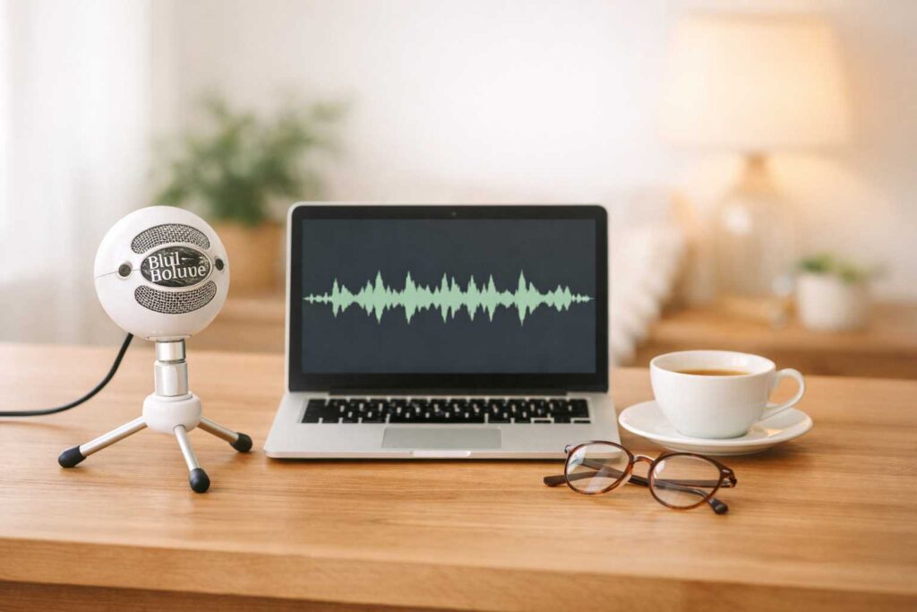 Blue Snowball microphone and laptop setup for senior YouTube creators.