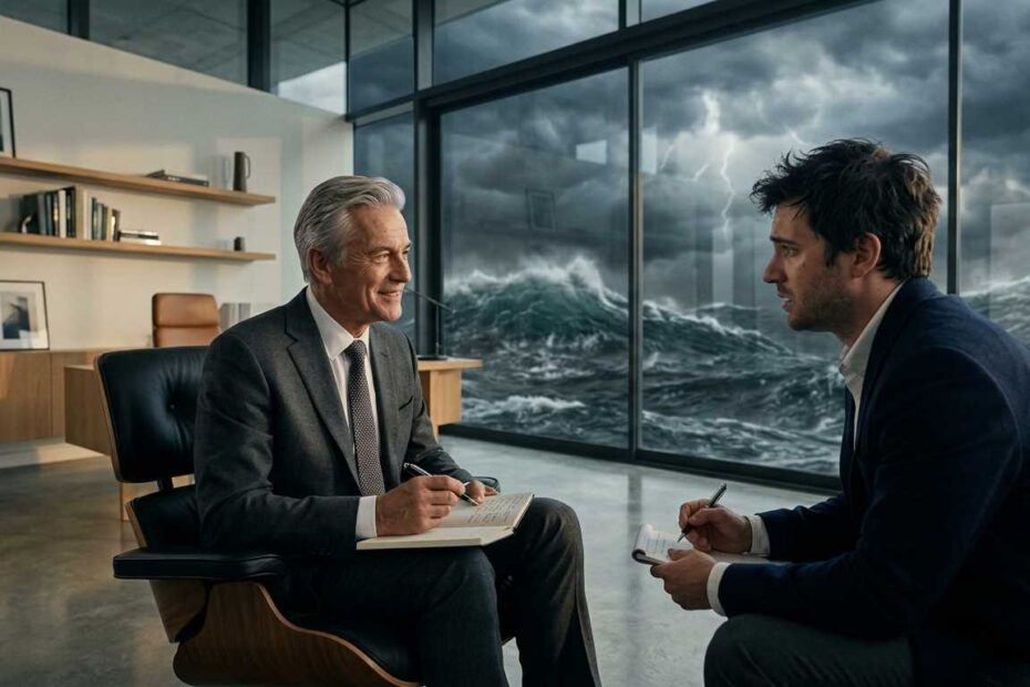 A senior professional providing executive coaching for seniors in a modern office with a storm metaphor background.