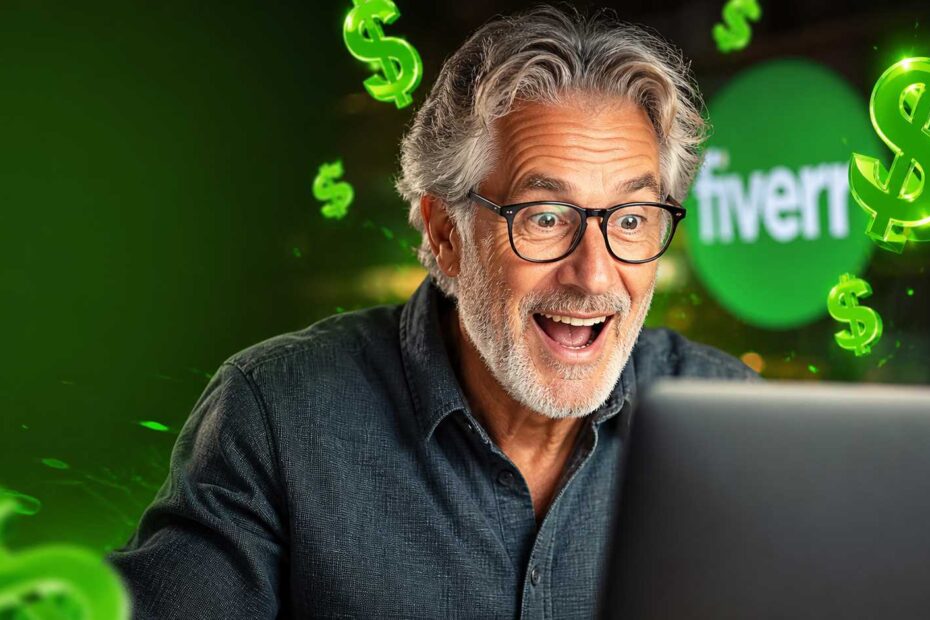 A successful senior freelancer smiling while working on a laptop with a Fiverr interface.