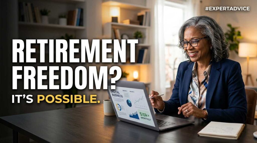 Confident senior professional starting a freelance career on a laptop.