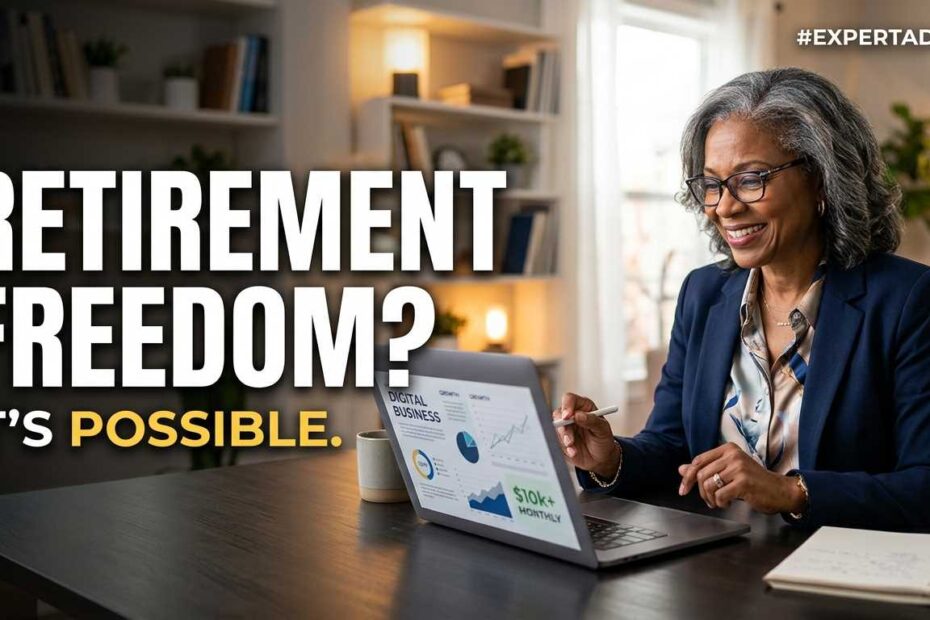 Confident senior professional starting a freelance career on a laptop.