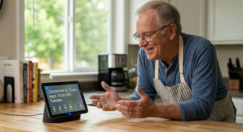 A senior Caucasian man in an Oregon kitchen using hands-free Google Assistant on a Nest Hub to check his calendar while cooking.