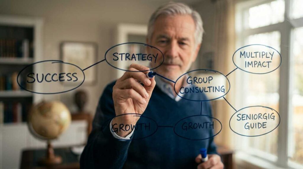 Strategic planning session for group consulting for seniors on a professional whiteboard