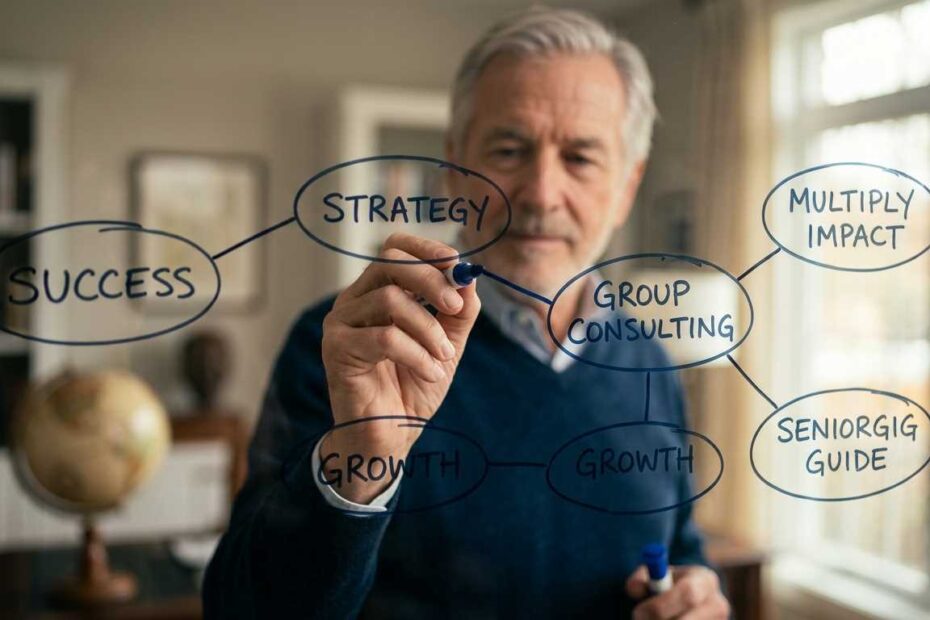 Strategic planning session for group consulting for seniors on a professional whiteboard