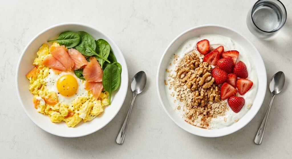 A professional photograph showing two healthy high protein breakfast options for seniors: an egg scramble with smoked salmon and Greek yogurt with walnuts and strawberries.