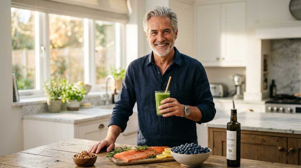 A healthy man holding a smoothie with fresh anti-inflammatory diet ingredients.