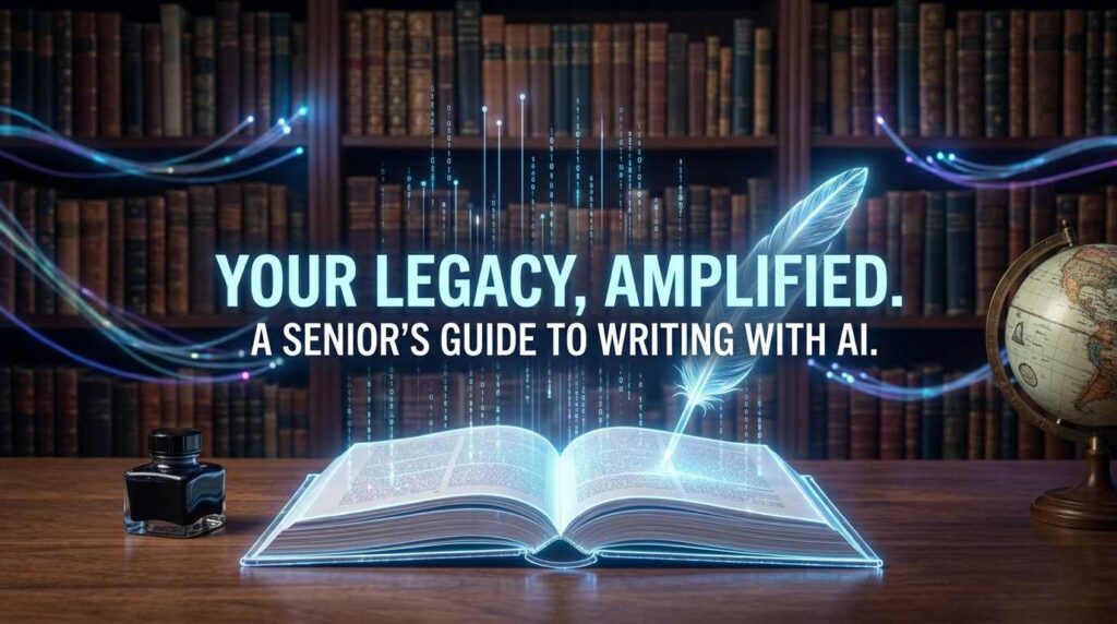 A 2026 guide showing how seniors can use AI to write and self publish a book with digital holographic elements.